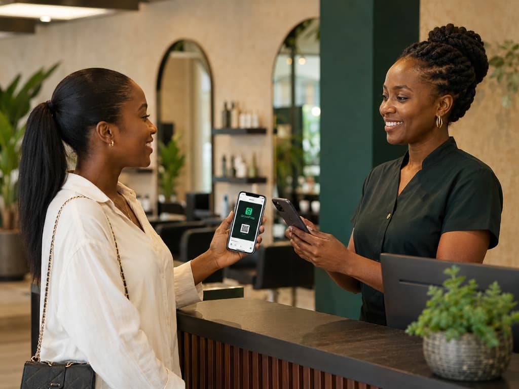 Customer presenting GravaPass on phone to merchant at counter